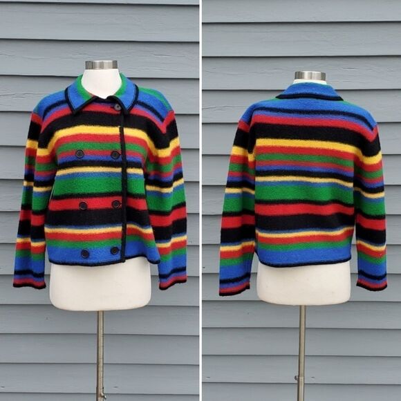 Talbots Vintage 90s Primary Rainbow Striped Double Breasted Wool Cardigan Coat S - Picture 1 of 8